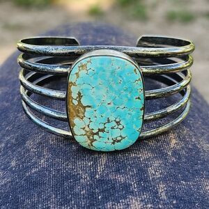 Vintage #8 Turquoise Minimalist Navajo Signed Cuff Bracelet sterling